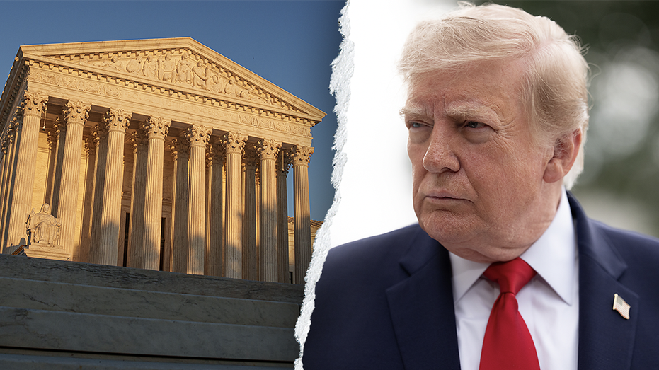 The Supreme Court building and Trump appear side by side, separated by a torn-paper graphic.