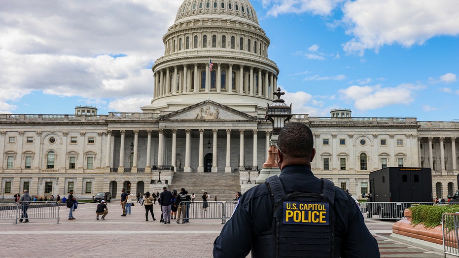 A U.S. Capitol Police officer stands facing the Capitol, with visitors and metal barricades in the plaza ahead.