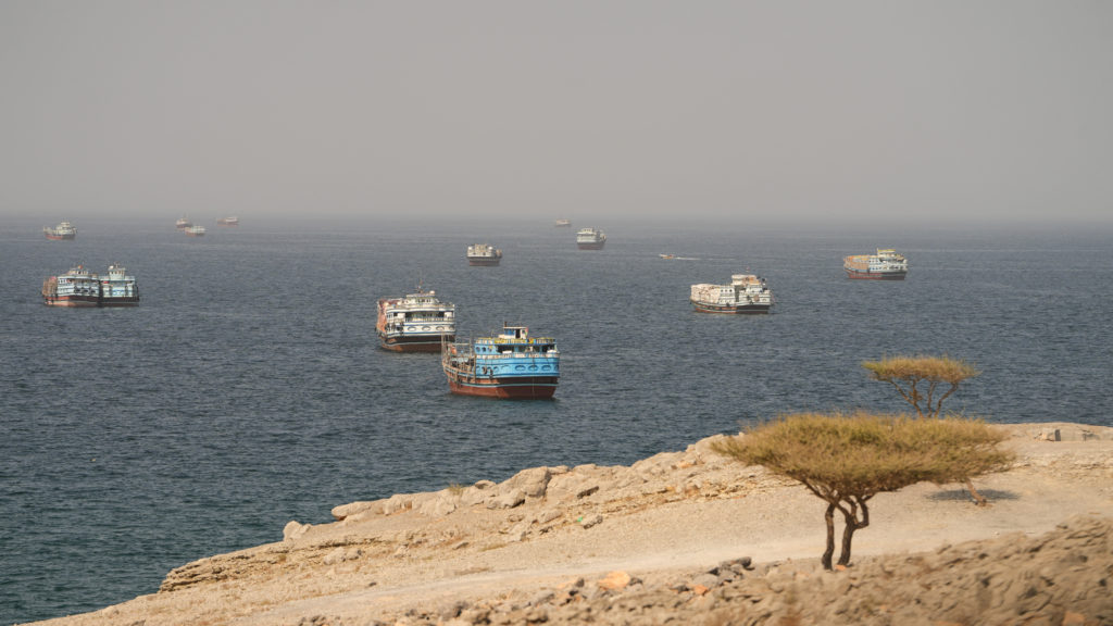 Cargo boats sit at anchor off a dry, rocky shore under a hazy sky, more boats strung out toward the horizon.